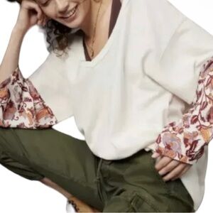 Anthropologie Annette Top Ivory Paisley Long Sleeve Waffle Knit top